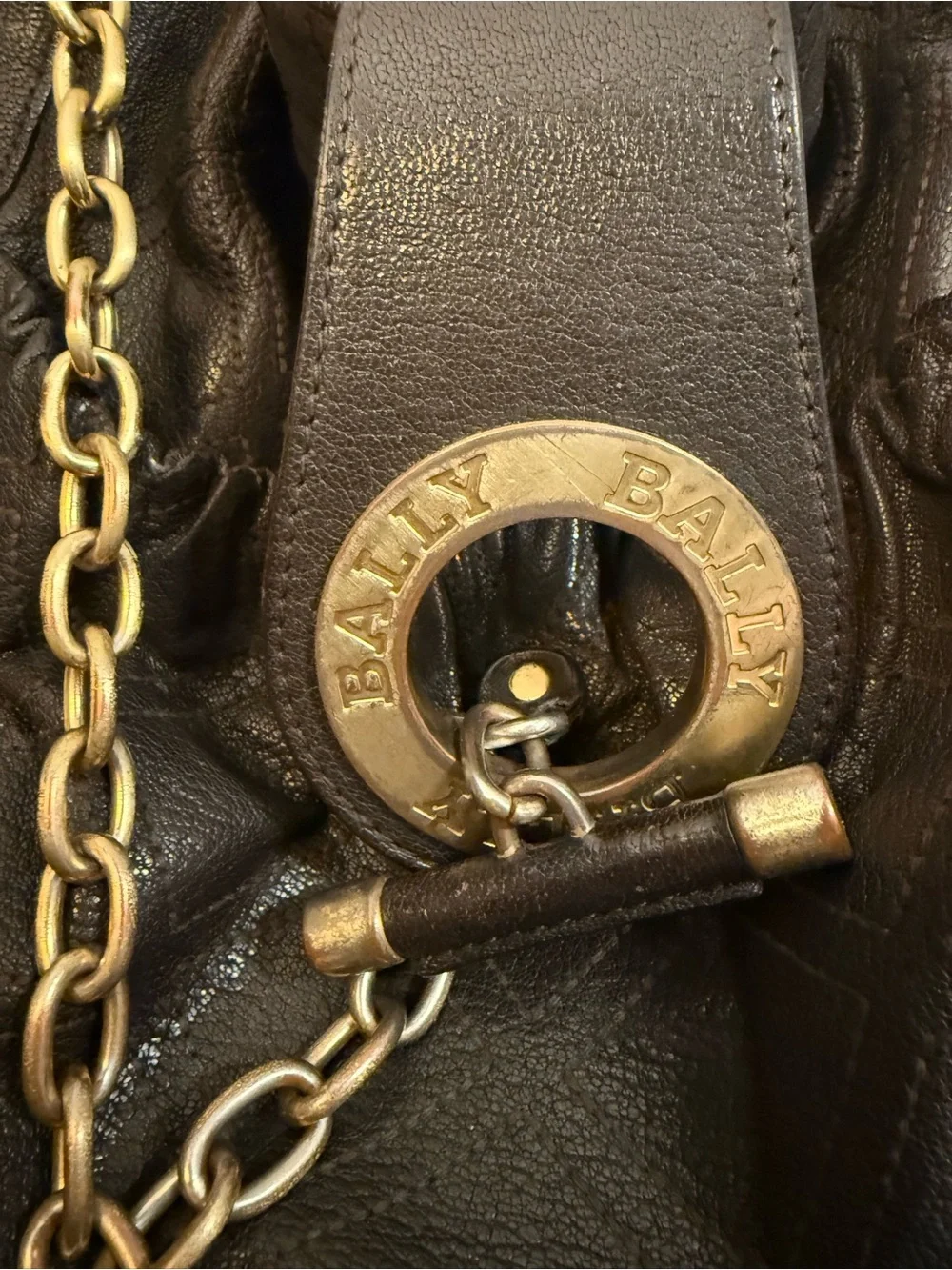 Bally Dark Brown Leather Shoulder Bag with Gold Chain Accent - Picture 3 of 11